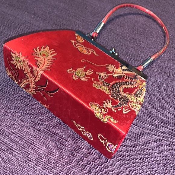 Asian Mini Red Silk Golden Dragon Snap Button Purse 4”H x 2”W x 5.5” L - Picture 4 of 13